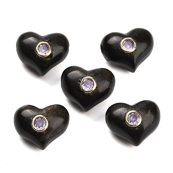 Natural Obsidian Beads, Heart, with Brass Pave Cubic Zirconia Findings, Golden