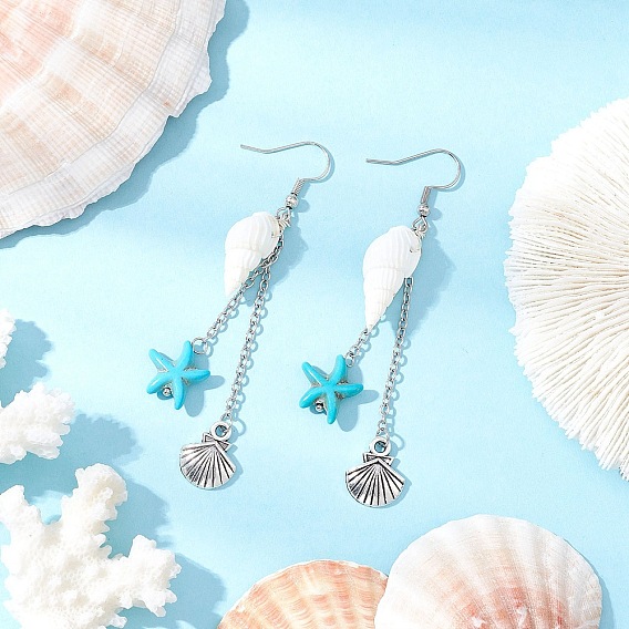 Серьги в форме ракушки с подвесками в виде морской звезды, с подвесками из сплава и 316 крючками для сережек из хирургической нержавеющей стали и натуральными спиральными бусинами из ракушек и синтетическими бирюзовыми бусинами и 304 цепочками из нержавеющей стали