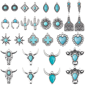 30шт 15 стили подвески из синтетической бирюзы, со сплавочной фурнитурой, кактус «голова коровы» с двойным рогом, разнообразные