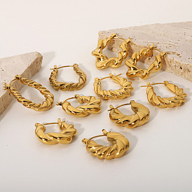 Gold-plated Stainless Steel Twisted Hoop Earrings - Titanium Steel, Geometric, Women's Ear Decor.