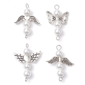 Shell Pearl Beaded Angel Connector Charms, with Alloy Wings, White