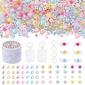 DIY Keychain Making Kits, including 260Pcs Acrylic Beads, 4Pcs Acrylic Photo Frame Keychain, 4Pcs Iron Split Key Rings, 1 Roll Elastic Cords