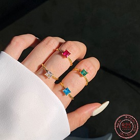 925 Sterling Silver Twist Finger Rings, Birthstone Ring, with Cubic Zirconia Square & 925 Stamp for Women, Real 18K Gold Plated