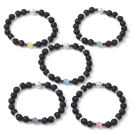 Round Natural Lava Rock & Cat Eye Beads Stretch Bracelets for Women