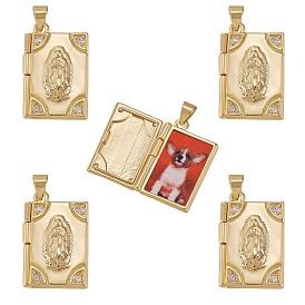 5Pcs Rack Plating Brass Micro Pave Clear Cubic Zirconia Locket Pendants, Cadmium Free & Lead Free, Religion, Rectangle with Virgin Mary