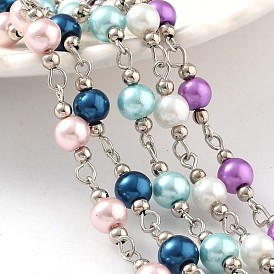 Chaînes de perles de verre à la main pour colliers bracelets faisant, avec des perles de fer et une épingle à oeil en laiton, non soudée, platine, 39.3 pouce