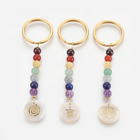 Natural Mixed Gemstone Keychain, with 304 Stainless Steel Split Key Rings and Freshwater Shell Pendants