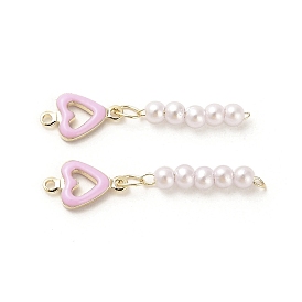 Rack Plating Brass Enamel Heart Links Connector Charms, with ABS Plastic Imitation Pearl Beads, Real 18K Gold Plated