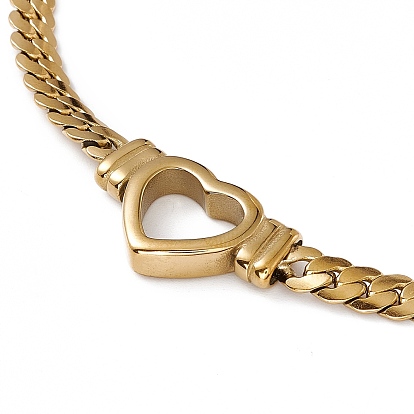 304 Stainless Steel Hollow Out Heart Charm Necklace with Cuban Link Chains for Women