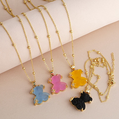 Resin Pendant Necklaces, with Brass Micro Pave Cubic Zirconia Finding, Bear