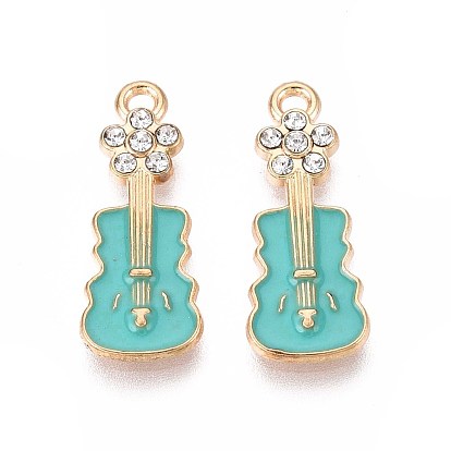 Alloy Pendants, Cadmium Free & Lead Free, with Enamel and Rhinestone, violin, Light Gold, Crystal