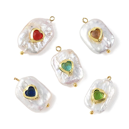 Natural Baroque Keshi Pearl & Glass Pendants, Rectangle with Heart Pattern Charms, Golden
