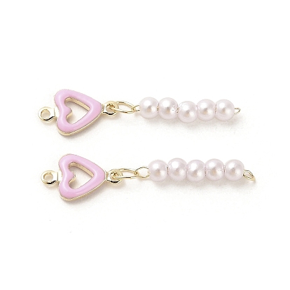 Rack Plating Brass Enamel Heart Links Connector Charms, with ABS Plastic Imitation Pearl Beads, Real 18K Gold Plated