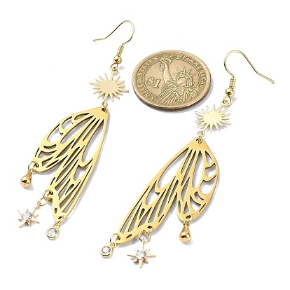 Sun & Butterfly Brass Chandelier Earrings, Cubic Zirconia Long Drop Earrings