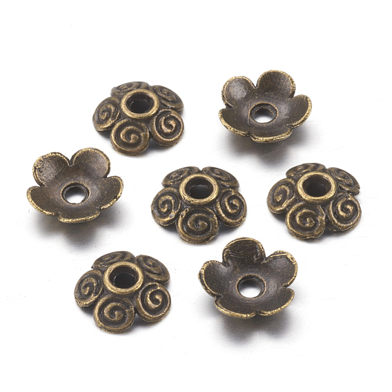 5-Petal Flower Alloy Bead Caps, Cadmium Free & Lead Free, 10x2.5mm, Hole: 2mm