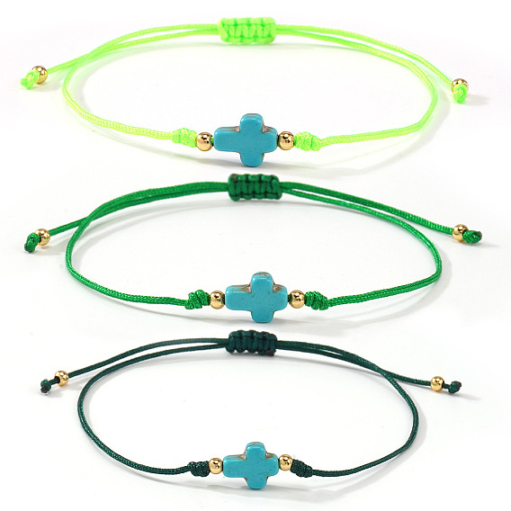 3 шт. браслеты из окрашенных синтетических бирюзовых бусин зеленого цвета и латунных бусин, сплетенные из бусин, украшения из полиэстеровой нити, плетеные для женщин, крестик