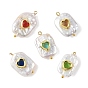 Natural Baroque Keshi Pearl & Glass Pendants, Rectangle with Heart Pattern Charms, Golden