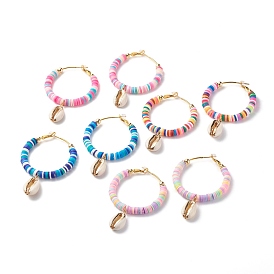 Big Ring with Cowrie Shell Dangle Huggie Hoop Earrings, Handmade Polymer Clay Heishi Beaded Ring Hoop Earrings for Women