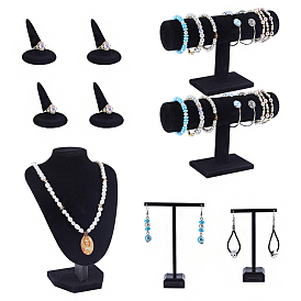 Présentoirs à bijoux, y compris 1 des présentoirs à colliers en velours en forme de buste, 1 Porte-bracelet en velours en forme de T, 2 un porte-boucles d'oreilles en forme de T en acrylique et 4 un porte-bagues conique en résine floquée