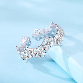 925 кольца манжеты из серебра микропаве фианит, цветок, регулируемый, с печатью s925