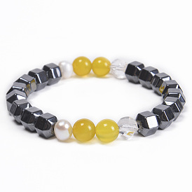 Natural Stone Beaded Bracelet with Magnetic Clasp and Freshwater Pearls - Handmade Jewelry
