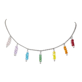 Colorful Glass & Round Shell Pearl Beaded Charms Bib Necklace, with 304 Stainless Steel Cable Chains