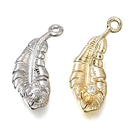 Brass Micro Pave Clear Cubic Zirconia Charms, Feather Charms, Long-Lasting Plated