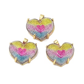 Transparent Resin Glitter Powder Pendants, Rack Plating Brass Heart Charms, Real 18K Gold Plateds, Long-Lasting Plated, Cadmium Free & Lead Free