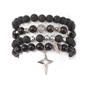4Pcs 4 Style Natural Silver Obsidian & Lava Rock Stretch Bracelets Set, 304 Stainless Steel Wing & Star Charms Stackable Bracelets wtih Alloy Rose Beaded