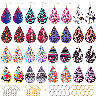 Kits de fabrication de boucles d'oreilles pendantes en bois de bricolage, 32 pcs gros pendentifs en bois imprimés en forme de larme, crochets et anneaux de saut en laiton