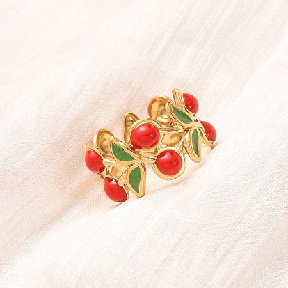 304 из нержавеющей стали Манжета кольца для женщин, с эмалью, вишня, ионное покрытие (ip), без свинца, без кадмии и без никеля