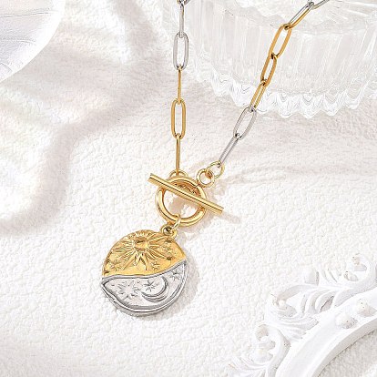 Colliers bicolores en acier inoxydable avec chaîne trombone et pendentif lune et soleil