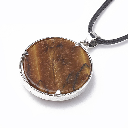 Natural & Synthetic Mixed Stone Pendant Necklaces, with Leather Cord and Brass Iron Findings, Flat Round with Tree