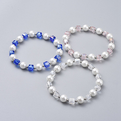 Glass Beads Stretch Bracelets, with Stainless Steel Beads, Round & Cube