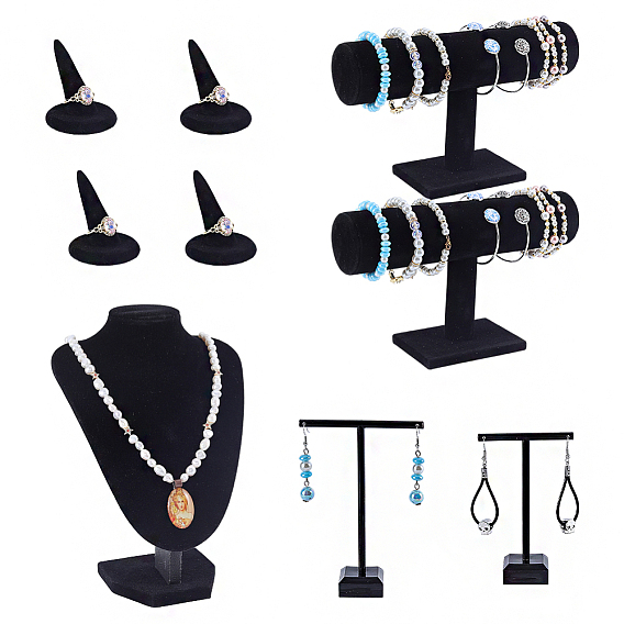 Présentoirs à bijoux, y compris 1 des présentoirs à colliers en velours en forme de buste, 1 Porte-bracelet en velours en forme de T, 2 un porte-boucles d'oreilles en forme de T en acrylique et 4 un porte-bagues conique en résine floquée