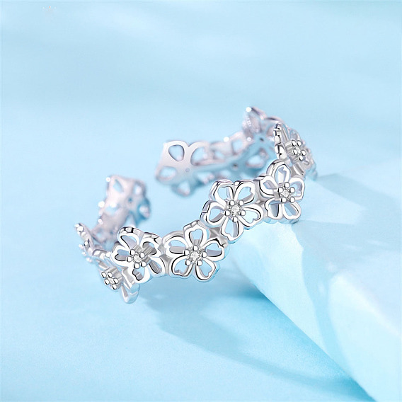 925 кольца манжеты из серебра микропаве фианит, цветок, регулируемый, с печатью s925