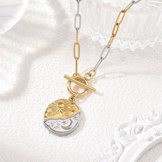Two Tone 304 Stainless Steel Paperclip Chain Moon with Sun Coin Pendant Necklaces