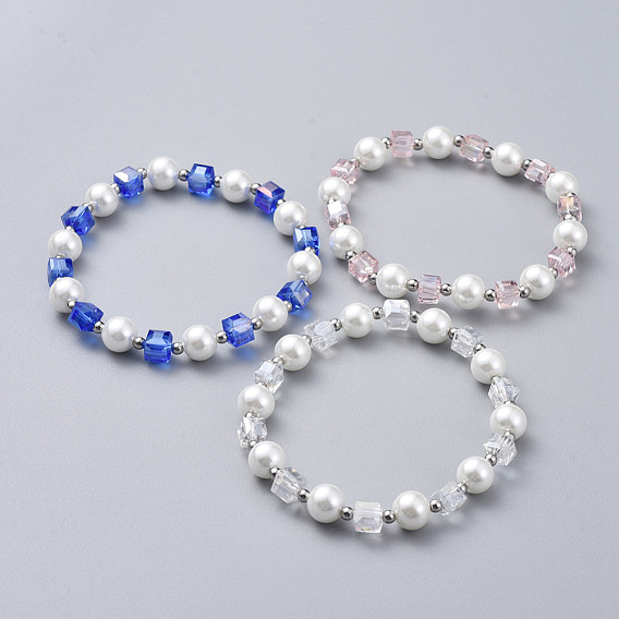 Glass Beads Stretch Bracelets, with Stainless Steel Beads, Round & Cube
