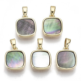 Natural Black Lip Shell Charms, with Brass Findings, Nickel Free, Square