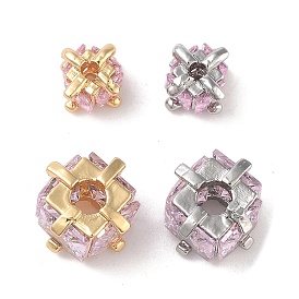 Brass Micro Pave Cubic Zirconia Beads, Square, Pearl Pink