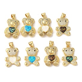 Rack Plating Brass Micro Pave Clear Cubic Zirconia Pendants, Heart Bear Charms with Synthetic Opal, Real 18K Gold Plated, Cadmium Free & Lead Free, Long-Lasting Plated