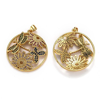 Autumn Theme Brass Micro Pave Cubic Zirconia Pendants, Long-Lasting Plated, Ring with Dragonfly & Butterfly & Flower