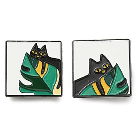 Square with Cat & Monstera Leaf Enamel Pins, Black Alloy Brooch for Backpack Clothes