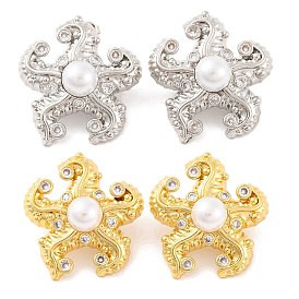 Brass Stud Earrings for Women, with ABS Pearl, Lead Free & Cadmium Free, Flower