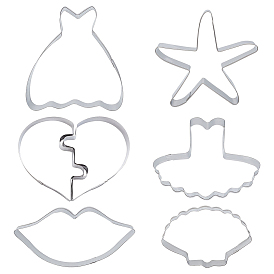 CRASPIRE 6 Style 304 Stainless Steel Cookie Cutters, Cookies Moulds, DIY Biscuit Baking Tool, Heart & Stars & Scallop Shell & Lip & Dress
