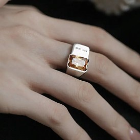 Square Caramel Zircon Ring Female Retro Fashion Alphabet Temperament S925 Silver Open Ring Stacked Index Finger Ring Trendy