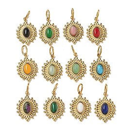 Ion Plating(IP) 304 Stainless Steel with Natural & Synthetic Gemstone Pendants, Real 14K Gold Plated, Mixed Dyed and Undyed, Oval Charm