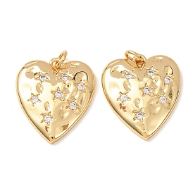 Brass Micro Pave Clear Cubic Zirconia Pendants, Hammered Heart with Star Charms, Rack Plating, Long-Lasting Plated, Lead Free & Cadmium Free