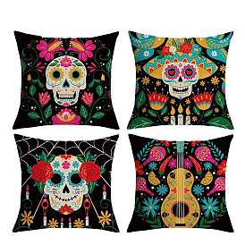 Cinco de Mayo Theme Flax Pillow Covers, Sugar Skull/Maracas Pattern Cushion Cover, for Couch Sofa Bed, Square
