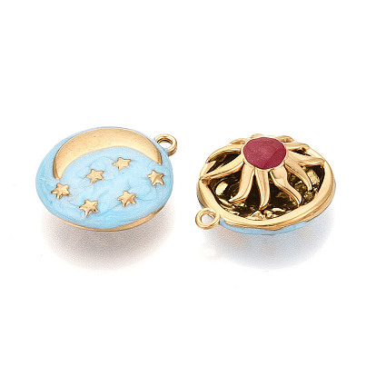 304 нержавеющей стальной эмали подвески, плоские круглые подвески, а также подвески в виде солнца, луны и звезды., ионное покрытие (ip), реальный 18 k позолоченный, с блеском порошок